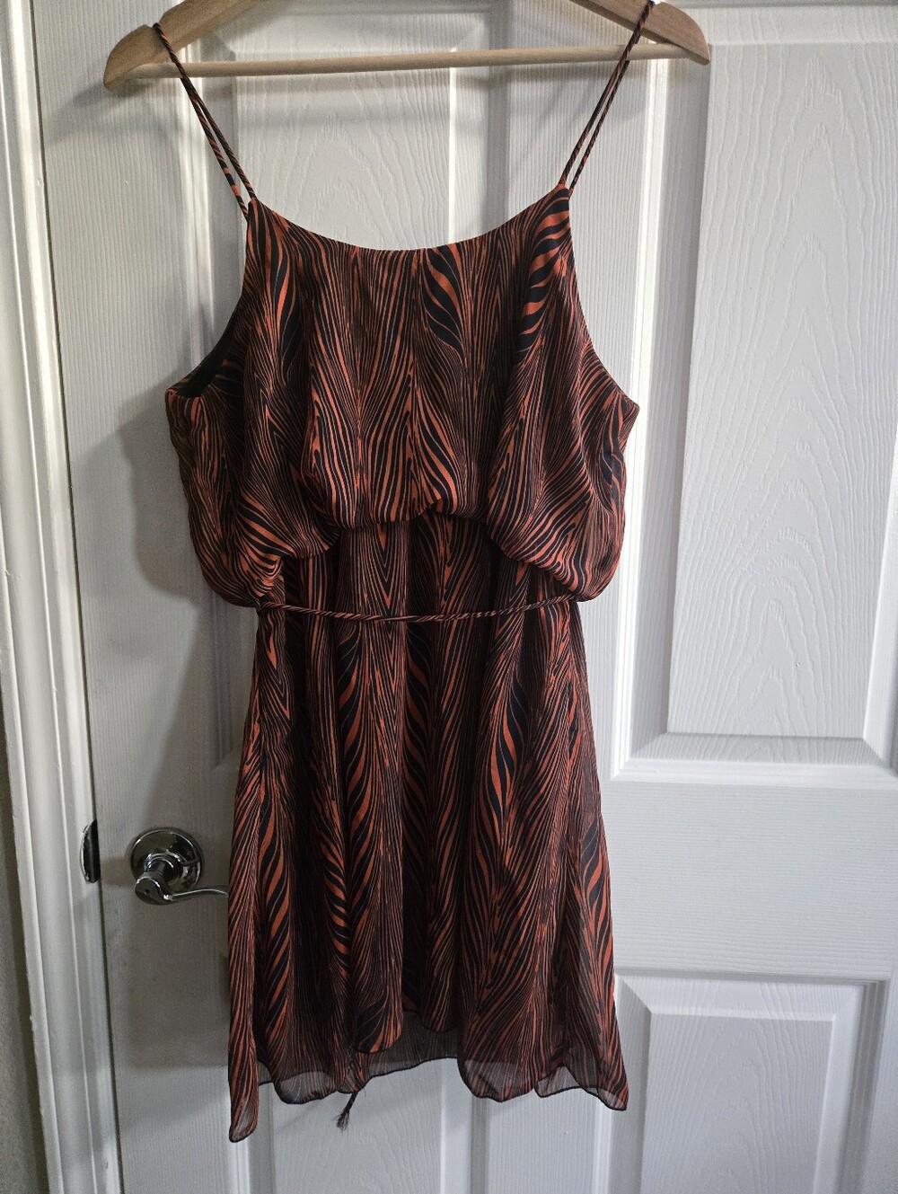 Sleeveless Orange-Black Abstract Printed Flowy Chiffon Overlay Dress- Size M